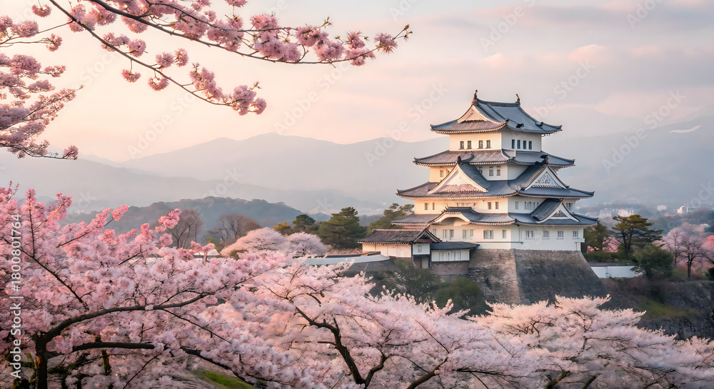 Naklejka premium Cherry Blossoms Blooming At A Japanese Castle In Spring Background