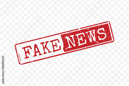 Grunge red rectangular stamp with Fake News text and frame isolated on transparent background