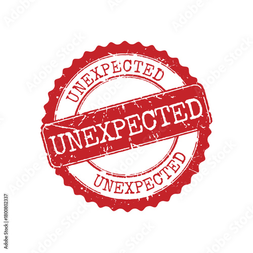 Grunge red circular serrated rubber stamp with bold Unexpected text isolated on transparent background