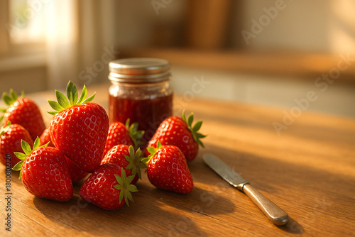 Fresh Strawberries with Jam in Warm Sunlight ,Generative ai