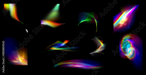Iridescent crystal leak glare reflection effect. Optical rainbow lights, glare, leak, streak overlay. falling confetti. Vector colorful vector