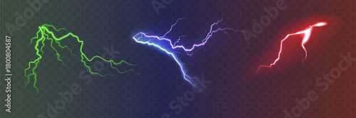 Set of the isolated realistic lightnings with transparency for design. Thunder-storm and lightnings. Magic and bright lighting effects. Natural effects