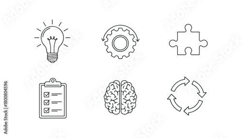 Conceptual icons of ideas processes and solutions in monochrome