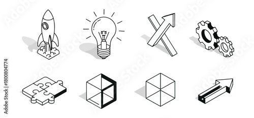 Isometric icon set illustrating business concepts and technology