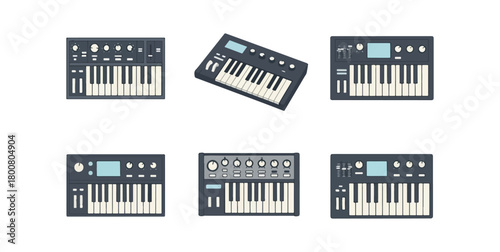Electronic synthesizer keyboard set on black background