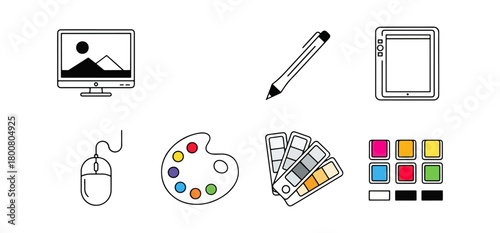 Graphic design icons set monitor tablet mouse palette paintbrush color swatches