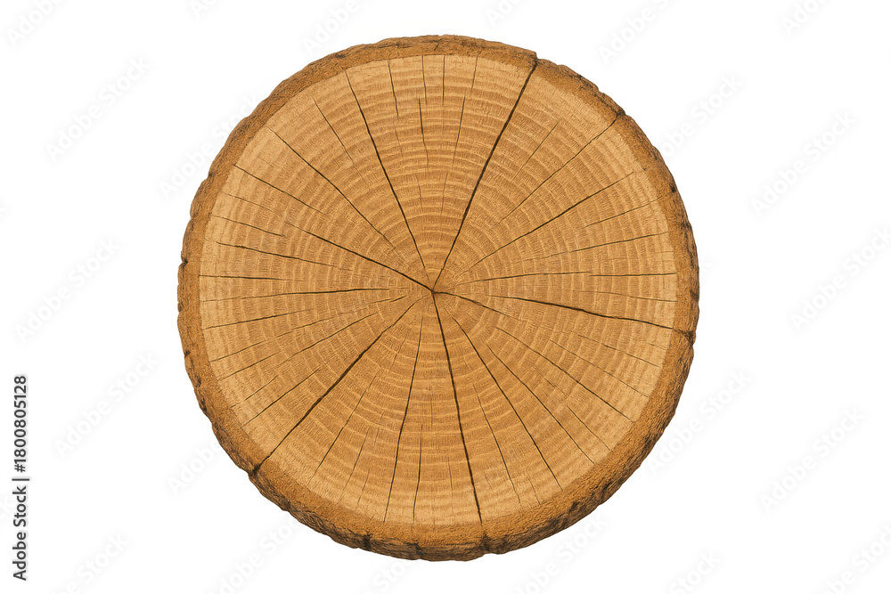 Fototapeta premium Wood cross section revealing tree rings, texture, and cracks, symbolizing growth, age, and nature, isolated on transparent
