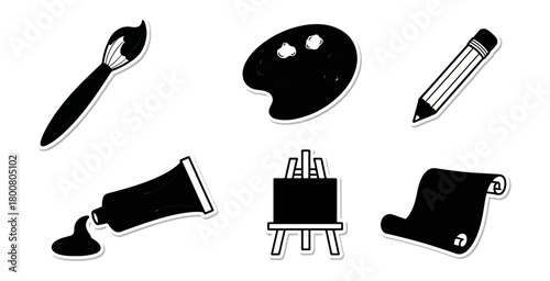 Art supplies illustration brush pencil palette easel and paper isolated