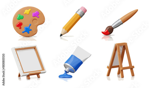 Art supplies palette pencil brush easel and paint tube illustration