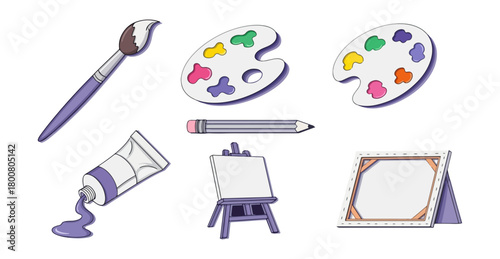 Artistic tools illustration brushes palette pencil easel canvas frame
