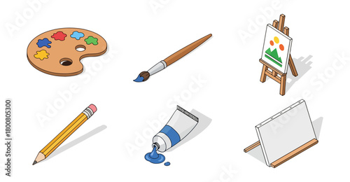 Art supplies illustration palette brush easel pencil paint tube and canvas