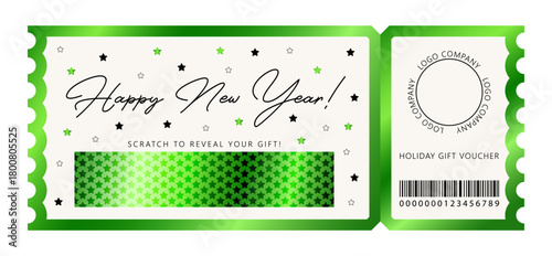 Happy New Year template for gift voucher. Scratch ticket for holiday. White and green background with black and green stars. Secret green gradient field protective layer.