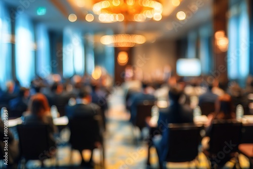 Abstract blurred people sitting seminar in hotel room. High quality