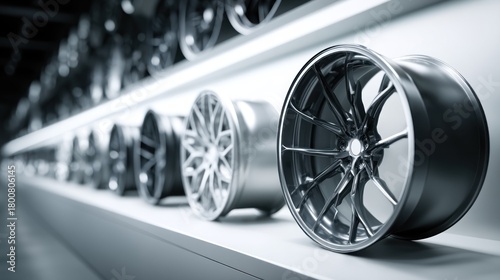 A row of shiny, silver alloy wheels with a glossy finish, arranged in a neat, organized manner on a white shelf in a warehouse or automotive showroom setting.