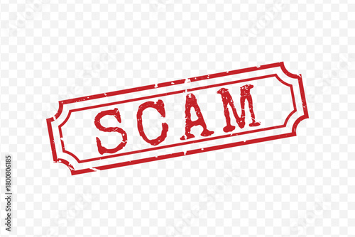 Red rubber distressed rectangular vintage stamp with the word SCAM on transparent background