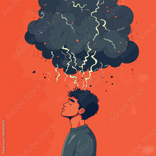 Man experiencing overwhelming stress and anxiety, illustrated with a thought bubble filled with lightning bolts. , vector style simple color