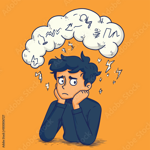 Man experiencing overwhelming stress and anxiety, illustrated with a thought bubble filled with lightning bolts. , vector style simple color