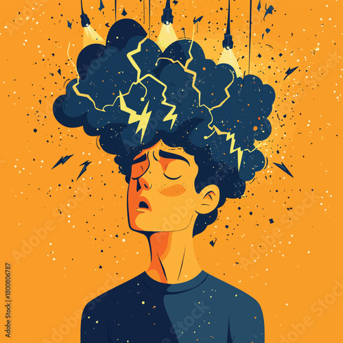 Man experiencing overwhelming stress and anxiety, illustrated with a thought bubble filled with lightning bolts. , vector style simple color