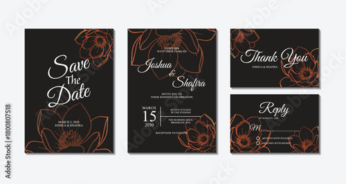 Set of elegant black and copper floral line art wedding invitation cards including save the date, thank you, and rsvp templates