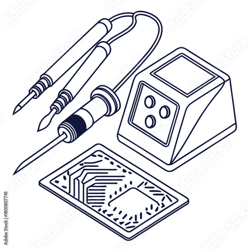 Illustration of soldering iron, circuit board, and control unit