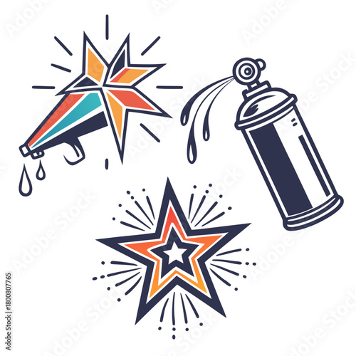 Spray paint can with star and water gun isolated on