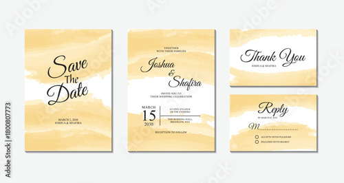 Set of elegant yellow watercolor wedding invitation cards with horizontal wash design including save the date, thank you, and rsvp templates