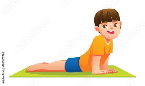 Boy in Cobra pose on a green yoga mat. Simple exercise and physical activity for kids. Isolated. Vector cartoon illustration
