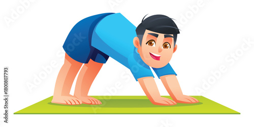 Boy in Downward-Facing Dog pose on a green yoga mat. Fitness and physical activity for kids. Isolated. Vector cartoon illustration