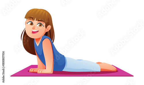 Girl in Cobra pose on a pink yoga mat. Simple exercise and physical activity for kids. Isolated. Vector cartoon illustration