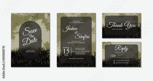 Dark moody rustic wedding invitation cards set with grass silhouette and arch frame including save the date, thank you, and rsvp templates