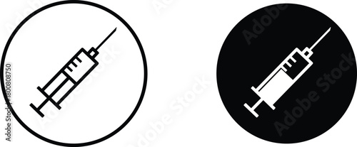 Medical syringe icon set, vaccination injection symbol, healthcare needle illustration, black and white vector design for hospital, medicine, and immunization concept
