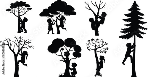 Children and trees silhouette vector set, playful outdoor nature scenes, black isolated artwork, climbing and exploring poses, forest interaction illustration pack