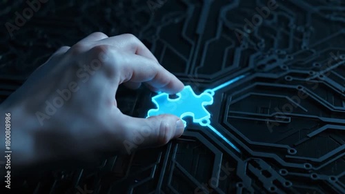 A hand places a glowing blue jigsaw puzzle piece onto a circuit board design