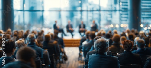 Business experts give presentation to audience in modern conference hall. Attendees listen attentively to speakers on stage. Blurred background suggests large room with windows urban view. Likely