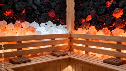 A cozy sauna interior with glowing black and scarlet lava-textured walls, warm wooden benches, and soft amber lighting. Realistic, spa-like atmosphere with rich textures and calm, inviting mood.1