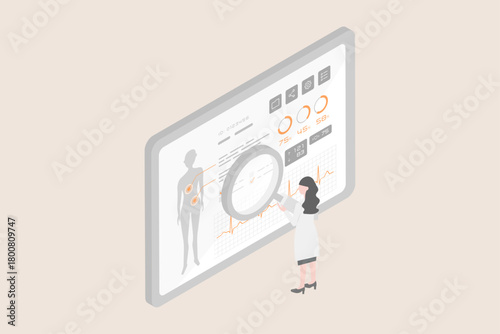 電子カルテで患者の健康診断データを分析する女性医師。アイソメトリックなベクターイラスト（医療DX）フラットデザイン