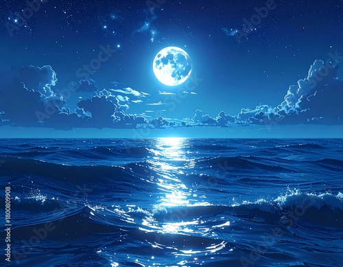 A serene night scene with the moon illuminating the ocean. The waves reflect the moon's light, creating a shimmering path. The night sky is filled with stars