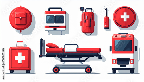 Bold Red & White Flat Icons of Medical Emergency Items