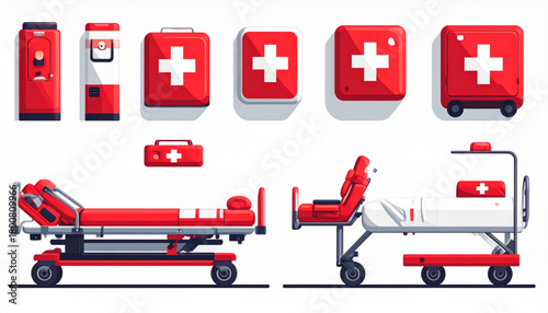 Bold Red & White Flat Icons of Medical Emergency Items