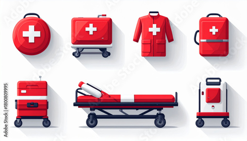 Bold Red & White Flat Icons of Medical Emergency Items