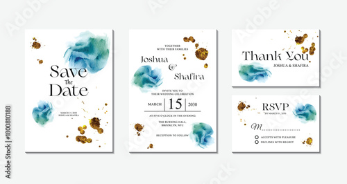 Set of blue watercolor wedding invitation cards with gold splatter accents including save the date, thank you, and rsvp templates