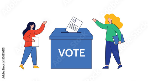 Two people casting their votes into a ballot box during a democratic election.