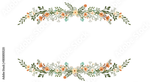 A delicate floral arrangement with tiny white and orange flowers and green leaves.