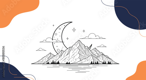 A stylized crescent moon illuminates a detailed mountain range under a cloudy night sky.