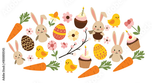 A whimsical collection of adorable bunnies chicks and Easter eggs with festive cupcakes and blooming flowers adorning a springtime scene.