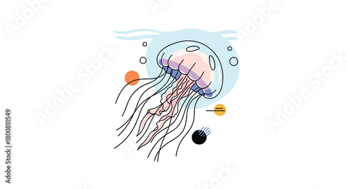 An illustrative depiction of a pink and purple jellyfish gracefully floating underwater with its tentacles extended.