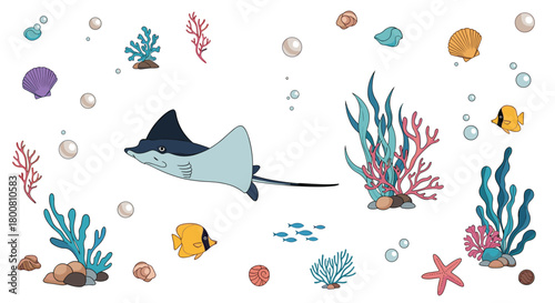 A vibrant underwater scene with a majestic manta ray swimming gracefully among colorful coral reefs and small fish.