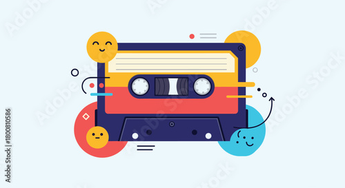 Retro cassette tape with happy faces and abstract shapes for a fun and nostalgic feel.