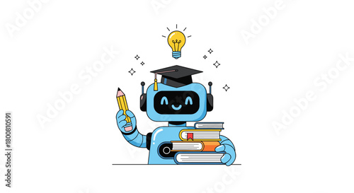 Clever robot wearing graduation cap holding books and pencil ready for learning and education.