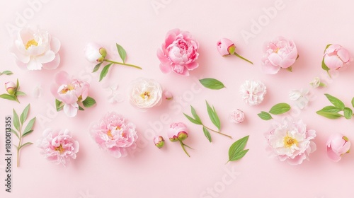 Fototapeta Naklejka Na Ścianę i Meble -  10.Elegant pink peonies in various stages of bloom, scattered across a warm, pastel pink backdrop, with a soft-focus bokeh effect enhancing the sense of depth and romance.